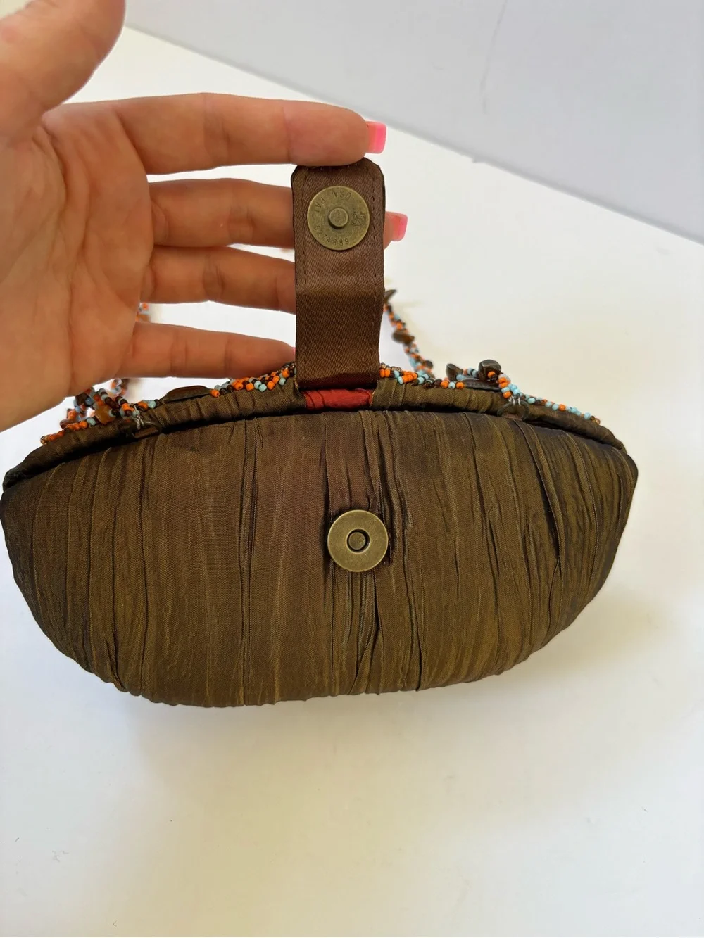 VNTG Mary Frances‎ Ember Oracle Beaded Ruffle Clutch Bag Artsy Brown Satin Fairy